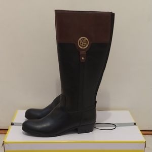 New In Box Liz Claiborne Riding Boots Two Tone Black & Brown w/Gold Accent